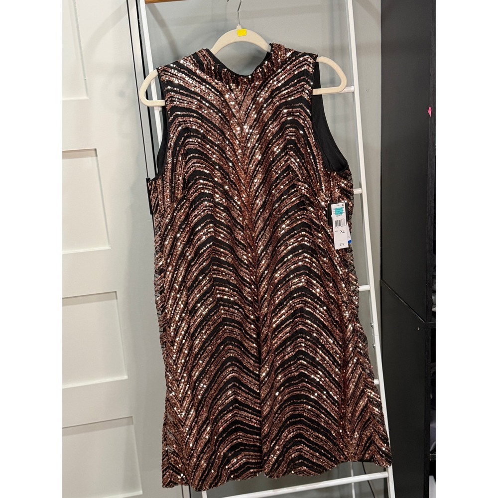 Robbie Bee Rose Gold Sequin Chevron Sleeveless Bow Back Dress XL Art Deco 80s